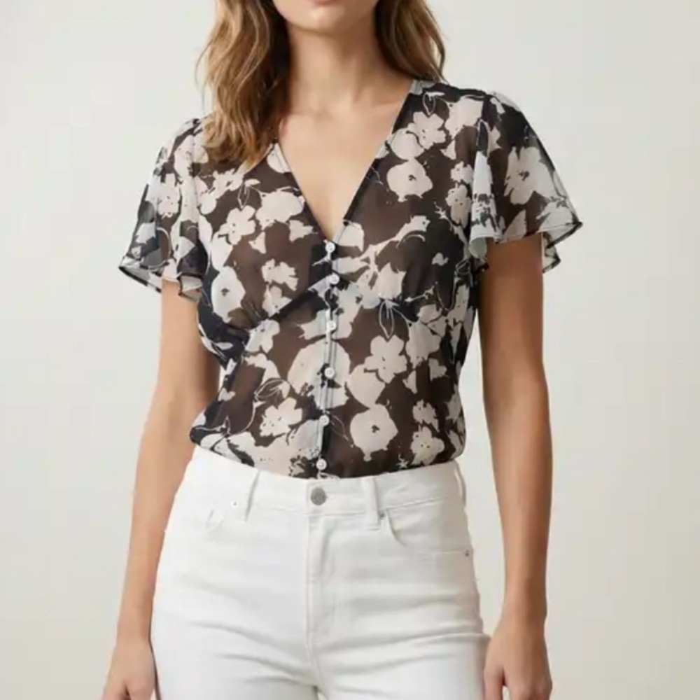 CHAPS Floral Sheer V Neck Button Down Blouse